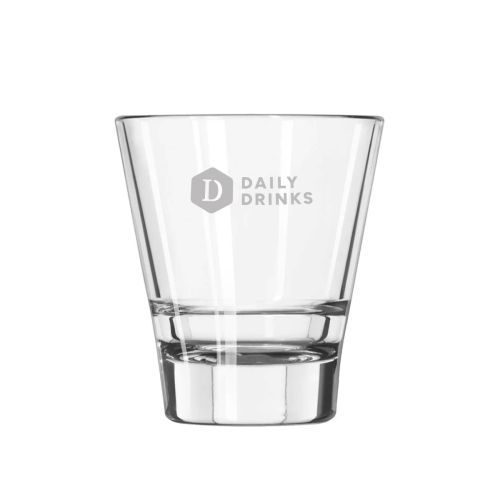 Engraving of DailyDrinks logo on front of Tumbler Libbey Endeavor 20 cl. glass, minimalist representation.
