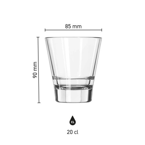Infographic showing product dimensions of the Libbey Endeavor 20 cl tumbler glass with scale.