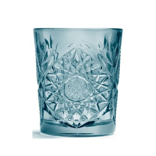 Blue Tumbler Onis Hobstar 35 cl glass with cut star pattern, front view without printing