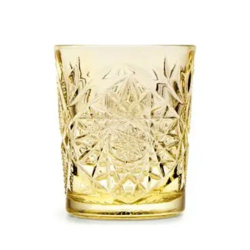 Yellow Tumbler Onis Hobstar 35 cl glass with cut star pattern, front view without printing