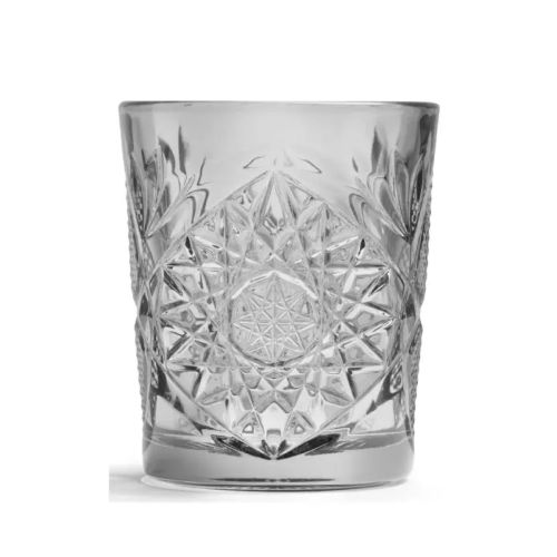 Grey Tumbler Onis Hobstar 35 cl glass with cut star pattern, front view without printing