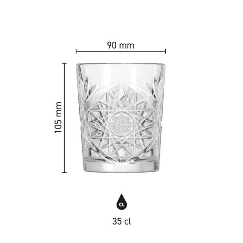 Size of Tumbler Onis Hobstar 35 cl glass with height, diameter and capacity in infographic