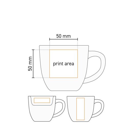Gedetailleerde werktekening van porseleinen Uno mok 29 cl. met visuele aanduiding van drukvlak. Gedetailleerde werktekening van porseleinen Uno mok 29 cl. met visuele aanduiding van drukvlak.