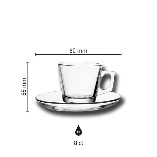 Maatvoering van de Vela 8 cl kop en schotel set glas met hoogte, diameter en inhoud in infographic