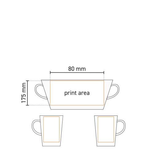 Technical working drawing of Victor Mug 24 cl porcelain with marking of printing area. Technical working drawing of Victor Mug 24 cl porcelain with marking of printing area.