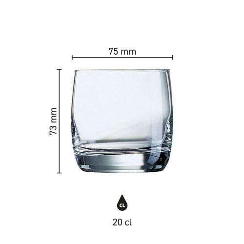 Infographic showing the exact measurements of the Vigne tumbler glass 20 cl. in glass. Infographic showing the exact measurements of the Vigne tumbler glass 20 cl. in glass.