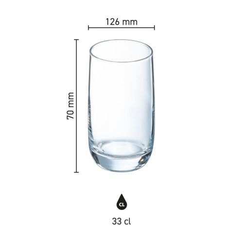 Infographic met productafmetingen van de Vigne tumbler 33 cl, waarin hoogte, diameter en inhoud van het glas worden getoond.