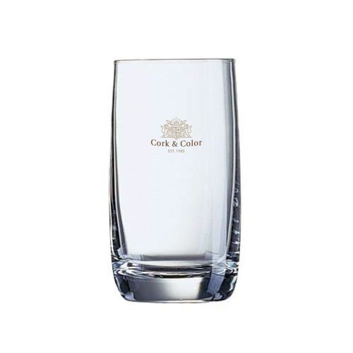 Vigne waterglas 22 cl met meerkleurig vooraanzicht-logo van CorkColor, gedrukt op helder glas.