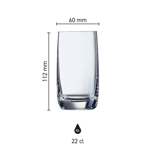 Technische tekening met afmetingen van het Vigne waterglas 22 cl, inclusief hoogte en diameter.