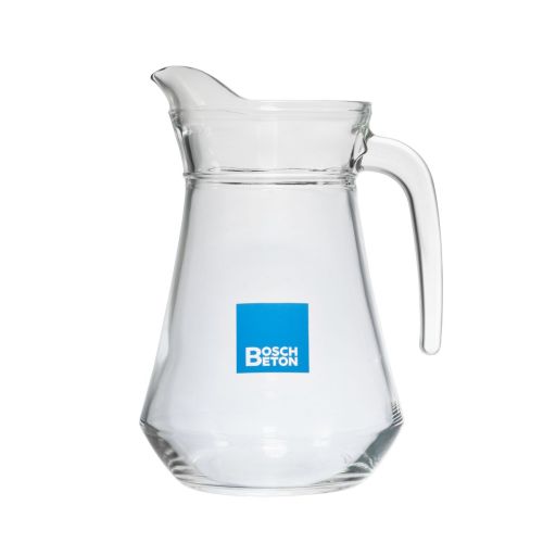 Glass water jug Broc Arc 1.0 litre with multi-coloured BoschBeton logo on front, clear glass and sleek classic design