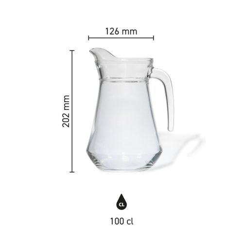 Infographic shows height, diameter and capacity of glass water jug Broc Arc 1.0 litre.