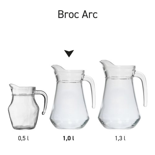 Series of water jugs Broc Arc 1.0-litre water jugs in glass design presented as a product series.