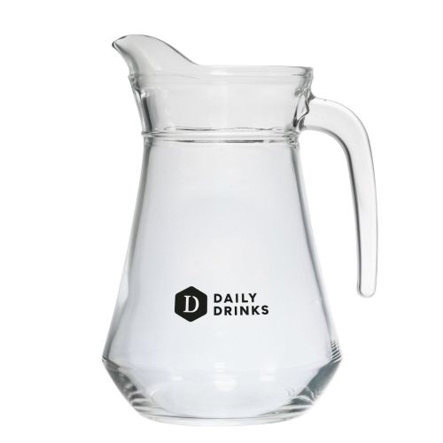 Glass water jug Broc Arc 1.3- litre with DailyDrinks logo printed in one colour on the front surface.