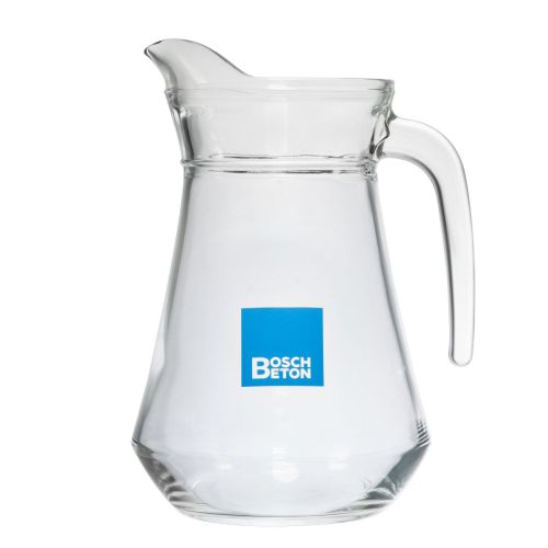 Jug Broc Arc 1.3 litres of glass with BoschBeton logo in multiple colours on front, clear and tightly printed
