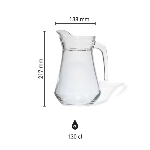 graphic shows height, diameter and capacity of glass water jug Broc Arc 1.3 litres.