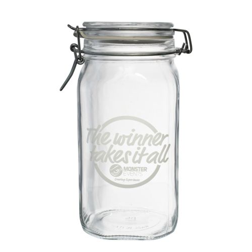 Fido 1.5-litre square glass preserving jar with the Monster Events logo engraved on the front