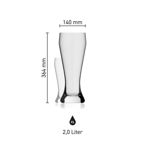 Maatvoering van het Weizenbierglas XXL 2,0 liter glas met hoogte, diameter en inhoud in infographic
