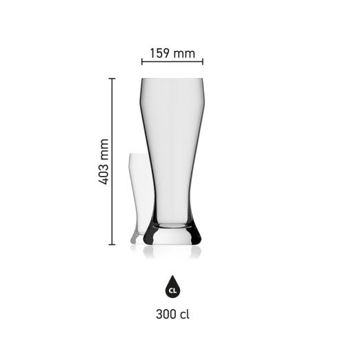 Maatvoering van het Weizenbierglas XXL 3,0 liter glas met hoogte, diameter en inhoud in infographic