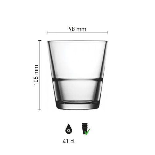 Infographic toont maatvoering van het stapelbare whiskyglas Grande S 41 cl. met glasdetails.