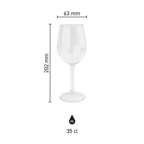 Infografisch overzicht van het 35 cl kunststof wijnglas met hoogte- en diametergegevens.