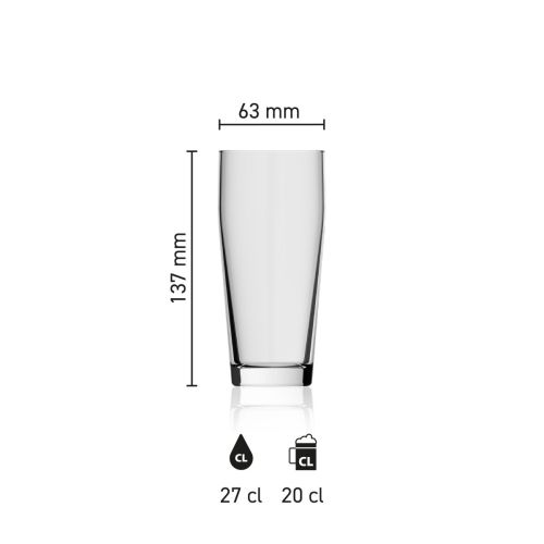 Maatvoering van de Willibecher 27 cl glas met hoogte, diameter en inhoud in infographic