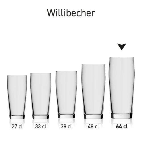 Willibecher 64 cl. glas in serie, meerdere exemplaren naast elkaar getoond