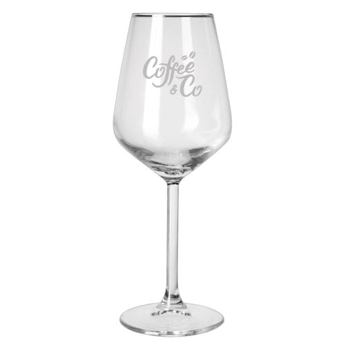 Clear fronted Allegra wine glass with engraved CoffeeCo logo centrally on the glass surface. Clear fronted Allegra wine glass with engraved CoffeeCo logo centrally on the glass surface.