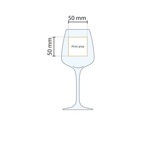Technical working drawing with printing area of Aurum wine glass 43 cl, shows printable area.