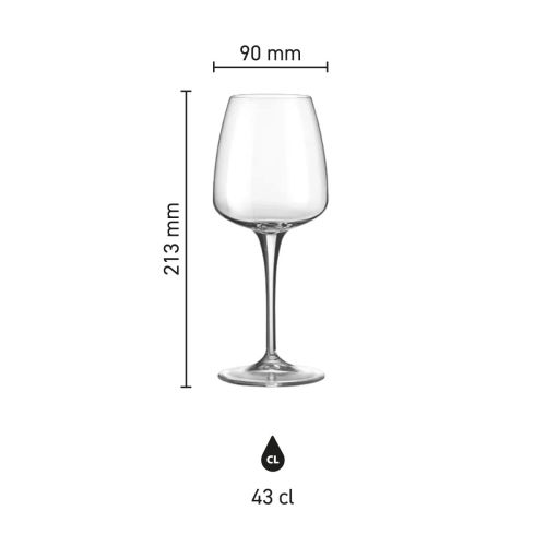 Infographic shows dimensions of Aurum wine glass 43 cl. of glass, with capacity, height and diameter.