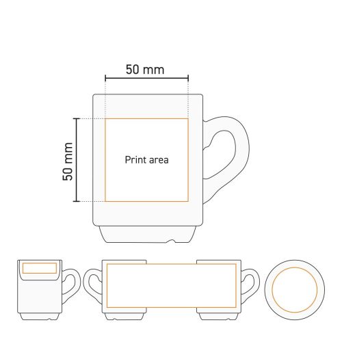 Technische werktekening met drukgebied van een porseleinen automatenbeker 20 cl. geschikt voor bedrukking. Technische werktekening met drukgebied van een porseleinen automatenbeker 20 cl. geschikt voor bedrukking.