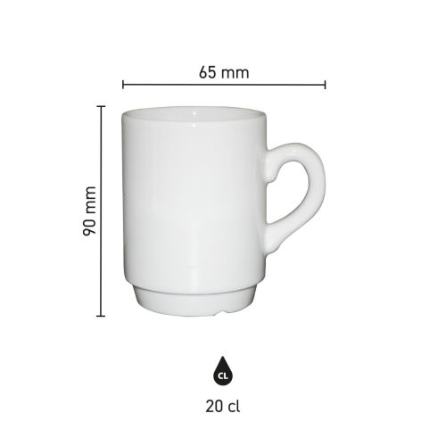 Afbeelding toont de exacte afmetingen van een 20 cl witte porseleinen automatenbeker in infographicstijl. Afbeelding toont de exacte afmetingen van een 20 cl witte porseleinen automatenbeker in infographicstijl.