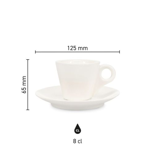 Infographic toont hoogte, diameter en inhoud van Baristo Espresso 8 cl. SET porselein.