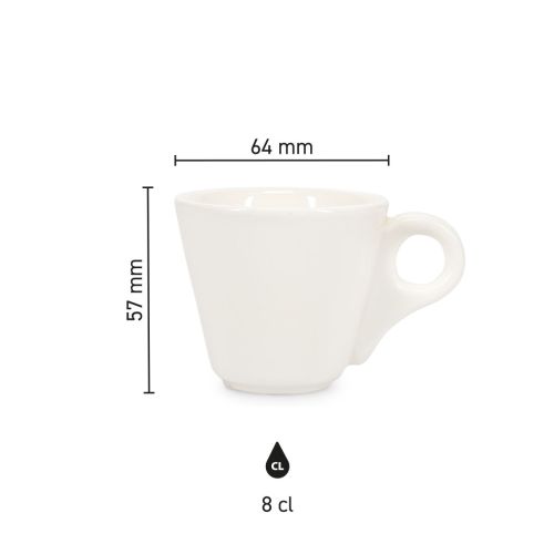 Infographic toont afmetingen van de Baristo Espresso Kop 8 cl. porselein, inclusief diameter en hoogte.