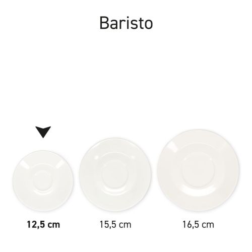Meerdere Baristo Espresso Schotels in porselein naast elkaar gepresenteerd als serie.