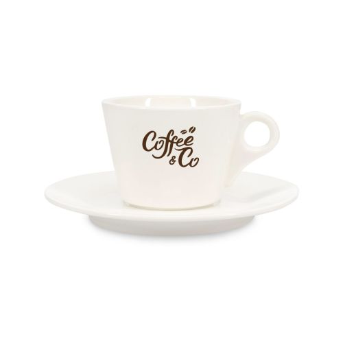 Baristo Koffie 16 cl. SET met éénkleurig CoffeeCo-logo op de porseleinen koffiekop, vooraanzicht.