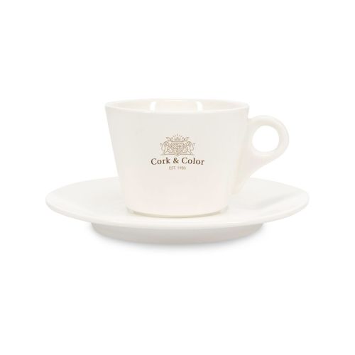 Meerkleurige CorkColor-logo-opdruk op Baristo Koffie 16 cl. SET porselein aan de voorzijde.