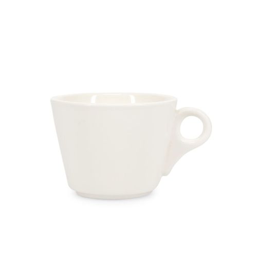 Vooraanzicht van de Baristo koffie kop 16 cl. van wit porselein met klassiek afgerond ontwerp.