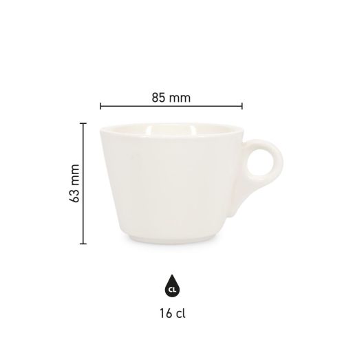 Infographic met gedetailleerde productafmetingen van Baristo koffie kop 16 cl. porselein.