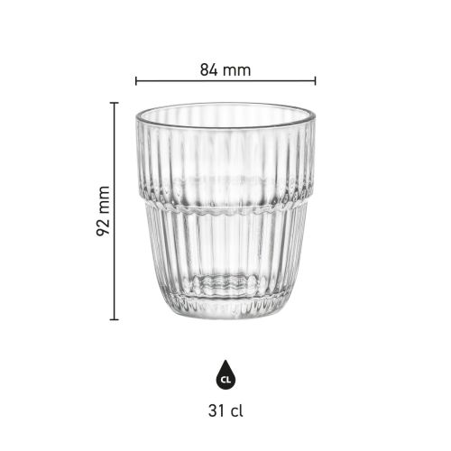 Image showing height and diameter dimensions of Barshine Tumbler glass 31 cl in technical infographic.