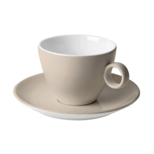 Vooraanzicht van Bart cappuccino 23 cl. SET van bruin-wit porselein, met ronde vorm en stevig oor. Vooraanzicht van Bart cappuccino 23 cl. SET van bruin-wit porselein, met ronde vorm en stevig oor.