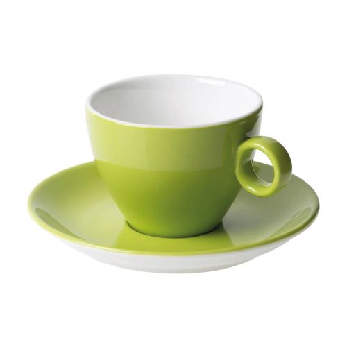 Vooraanzicht van Bart cappuccino 23 cl. SET van groen-wit porselein, met ronde vorm en stevig oor. Vooraanzicht van Bart cappuccino 23 cl. SET van groen-wit porselein, met ronde vorm en stevig oor.