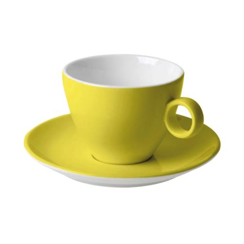 Vooraanzicht van Bart cappuccino 23 cl. SET van lichtgroen-wit porselein, met ronde vorm en stevig oor. Vooraanzicht van Bart cappuccino 23 cl. SET van lichtgroen-wit porselein, met ronde vorm en stevig oor.