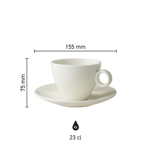 Infographic met maatvoering van Bart cappuccino 23 cl porseleinen set, toont diameter en hoogte. Infographic met maatvoering van Bart cappuccino 23 cl porseleinen set, toont diameter en hoogte.