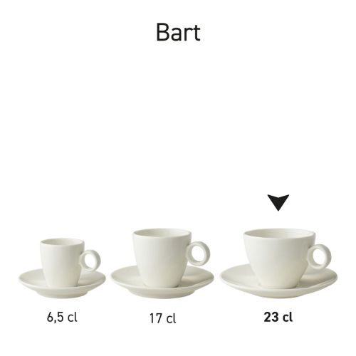Serieafbeelding van Bart cappuccinokopjes porselein, opgesteld in verschillende maatvoeringen naast elkaar. Serieafbeelding van Bart cappuccinokopjes porselein, opgesteld in verschillende maatvoeringen naast elkaar.