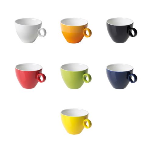 Overview of colour variations of Bart Cappuccino cup 23 cl. porcelain side by side in grid arrangement.