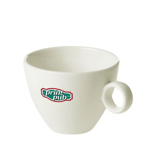 Front view of Bart Cappuccino cup porcelain 23 cl printed with colourful PrintPub logo.