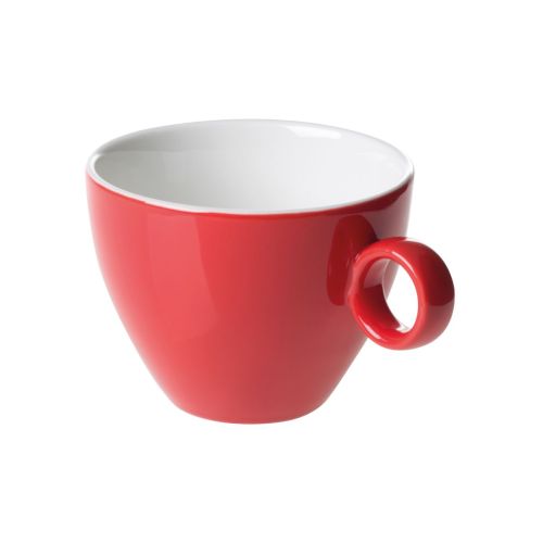 Red and white Bart Cappuccino cup 23 cl in porcelain, front view with slightly tapered shape and smooth surface.