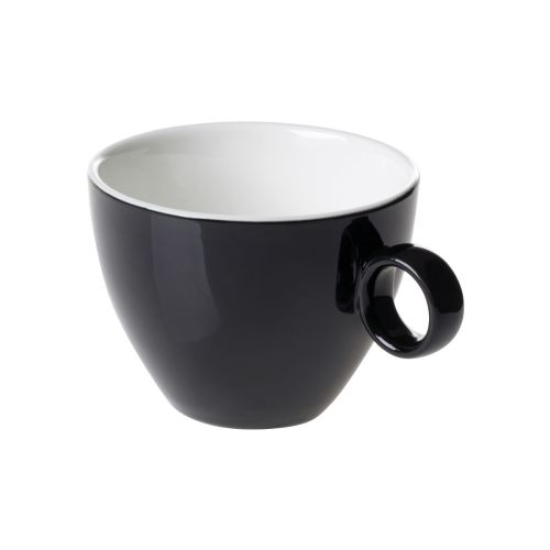 Black and white Bart Cappuccino cup 23 cl in porcelain, front view with slightly tapered shape and smooth surface.