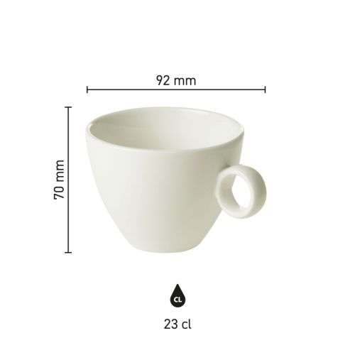 Infographic shows height and diameter of Bart Cappuccino cup 23 cl. porcelain in size overview.