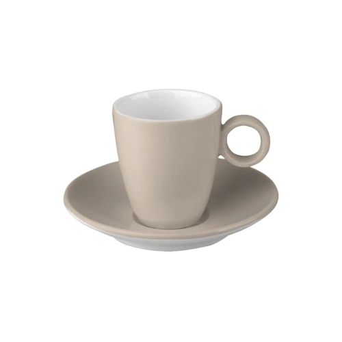 Frontal image of brown-and-white Bart Espresso porcelain set 6.5 cl. with smooth finish. Frontal image of brown-and-white Bart Espresso porcelain set 6.5 cl. with smooth finish.